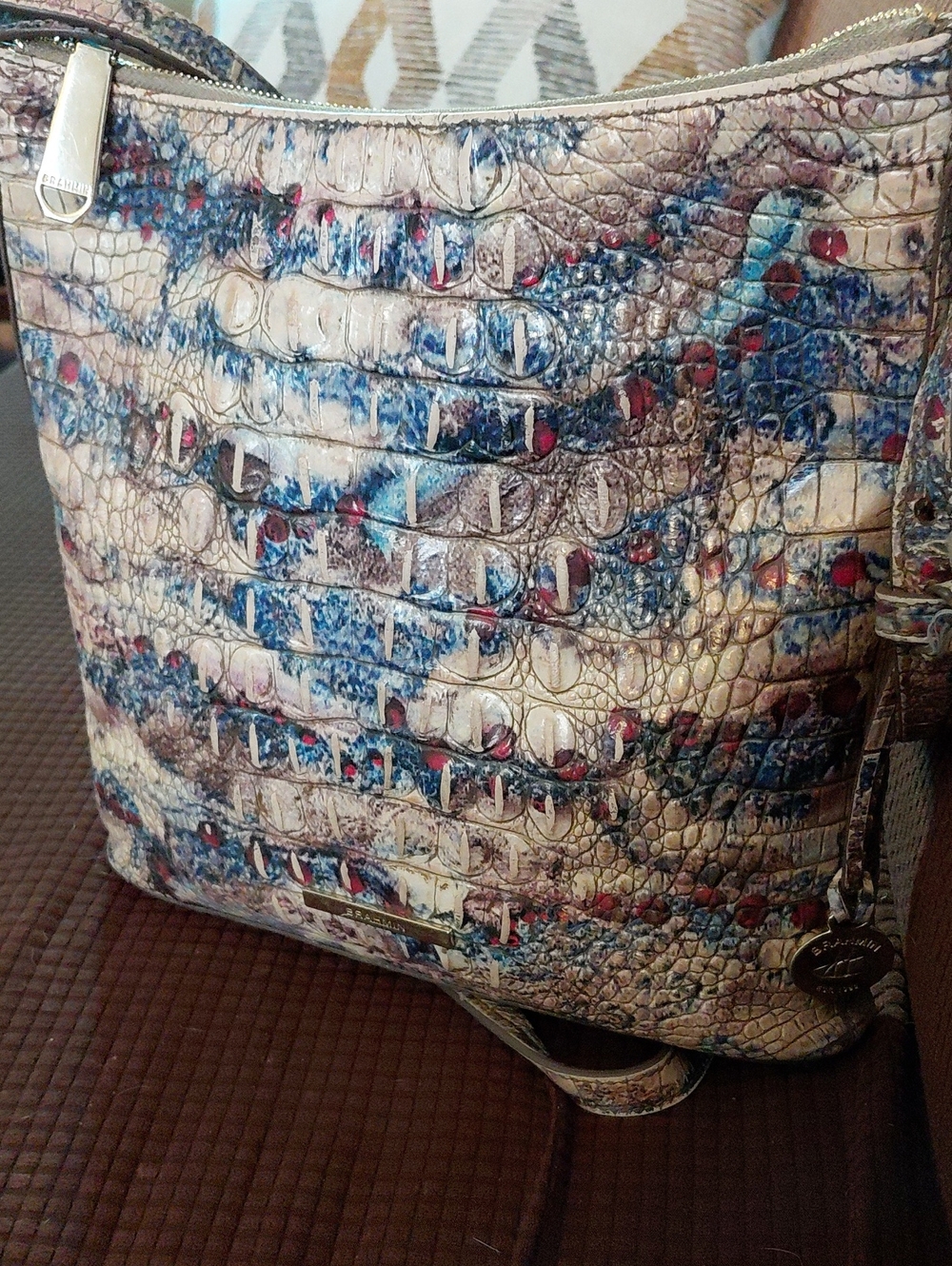 Brahmin Croc-Embossed Crossbody in Cream, Blue & Red Accents